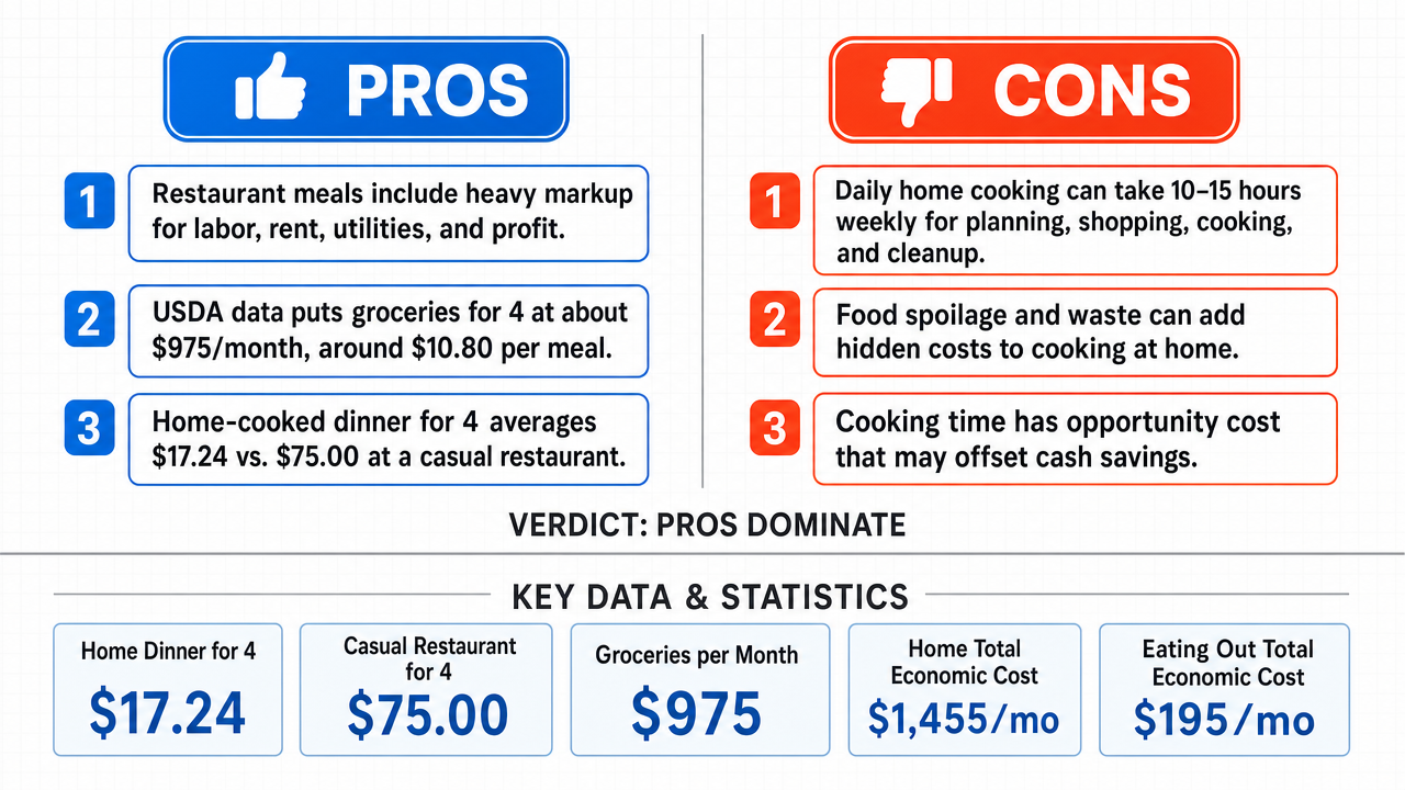 AI Debate Infographic: Cooking at home every day is cheaper than eating out for a family of four.