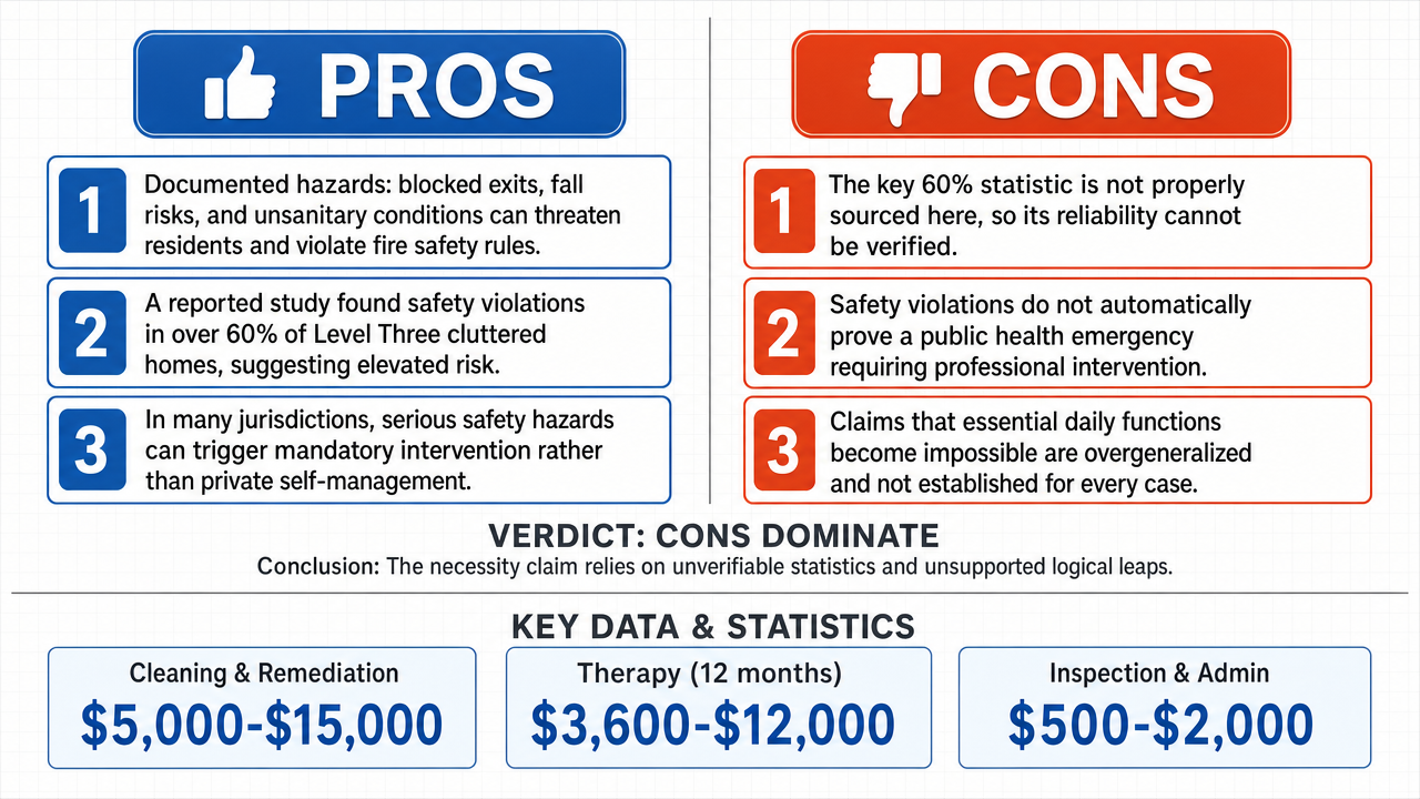 AI Debate Infographic: Hoarding Level Three, characterized by widespread clutter, odors, and…