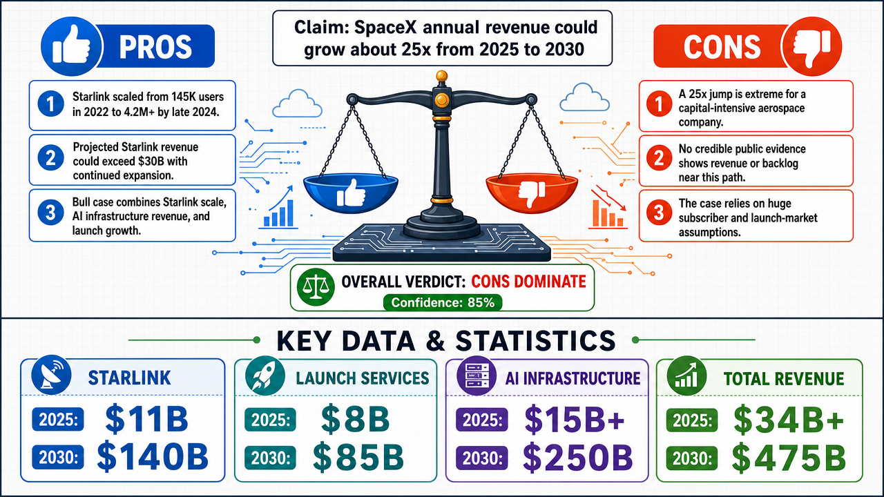 AI Debate Infographic: TRUE OR FALSE SpaceX will multiply its total annual revenue by around 25x…