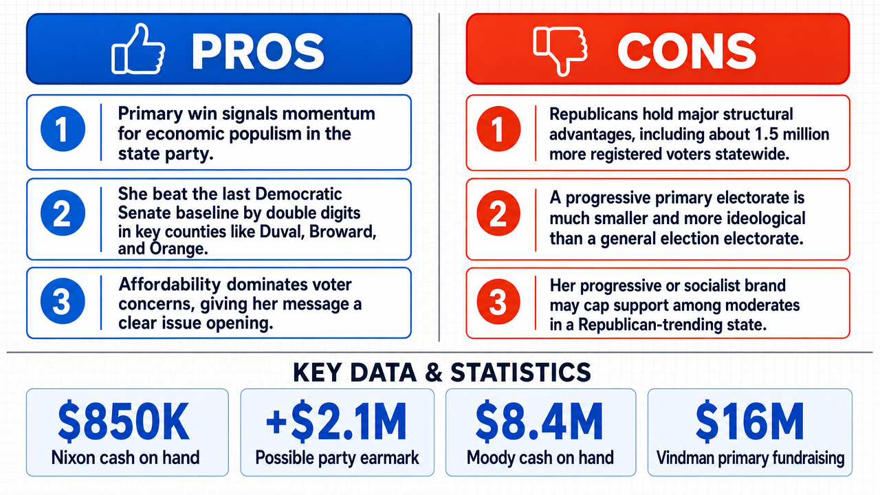 AI Debate Infographic: Will progressive candidate Angie Nixon win her 2026 Florida State Senate…