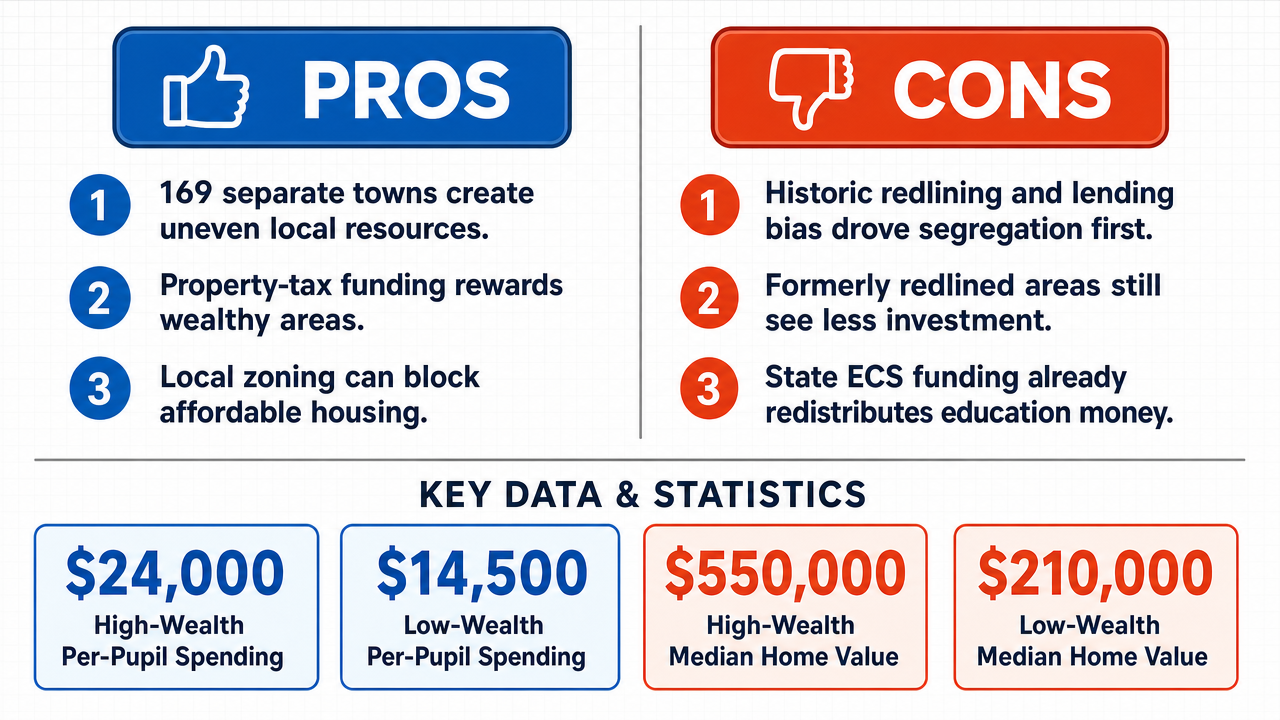 AI Debate Infographic: Connecticut's local government structure, where 169 individual towns manage…