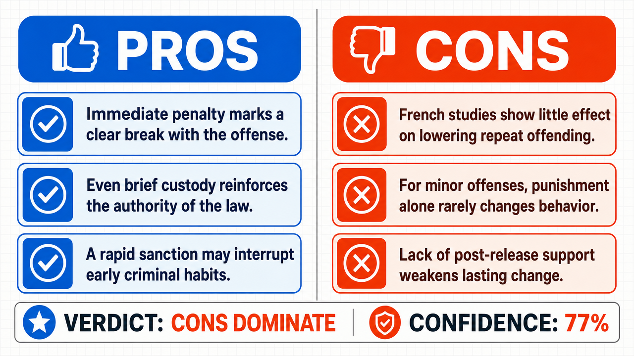 AI Debate Infographic: La réintroduction des peines de prison courtes en France en 2026 est une…