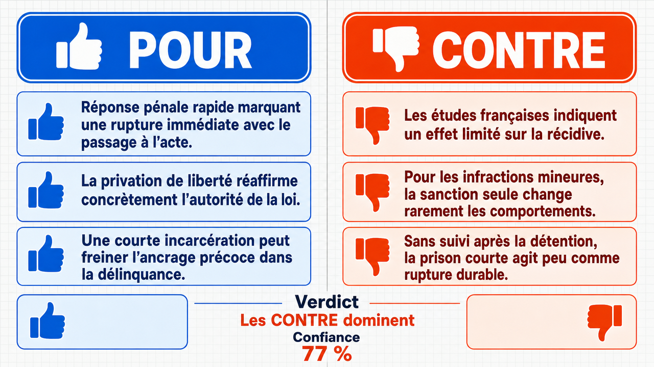 AI Debate Infographic: La réintroduction des peines de prison courtes en France en 2026 est une…