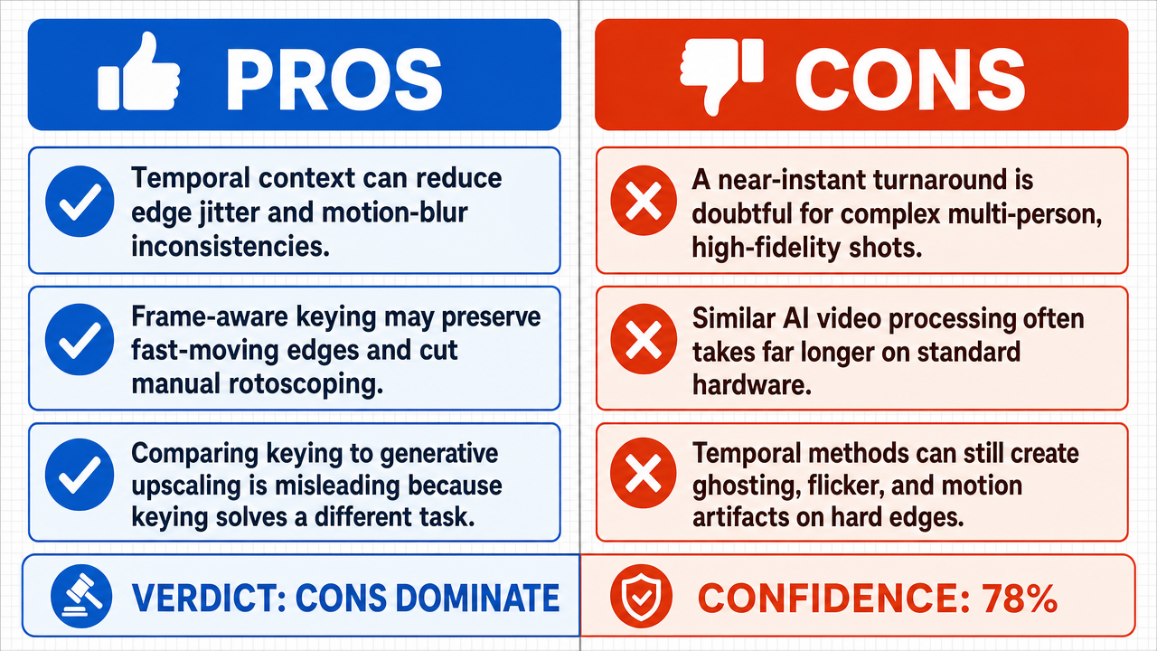 AI Debate Infographic: Corridor Key 2.0 can complete a professional-grade green screen key of a…