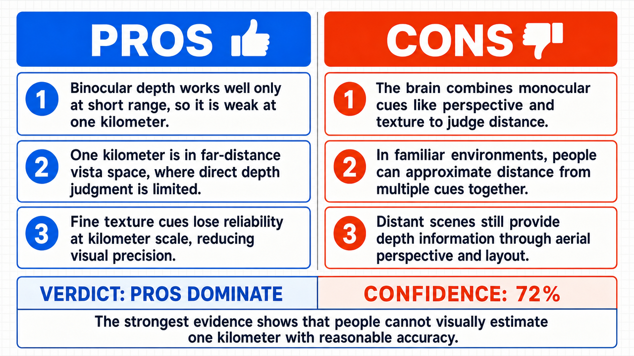 AI Debate Infographic: A person cannot intuitively estimate a distance of one kilometer visually…
