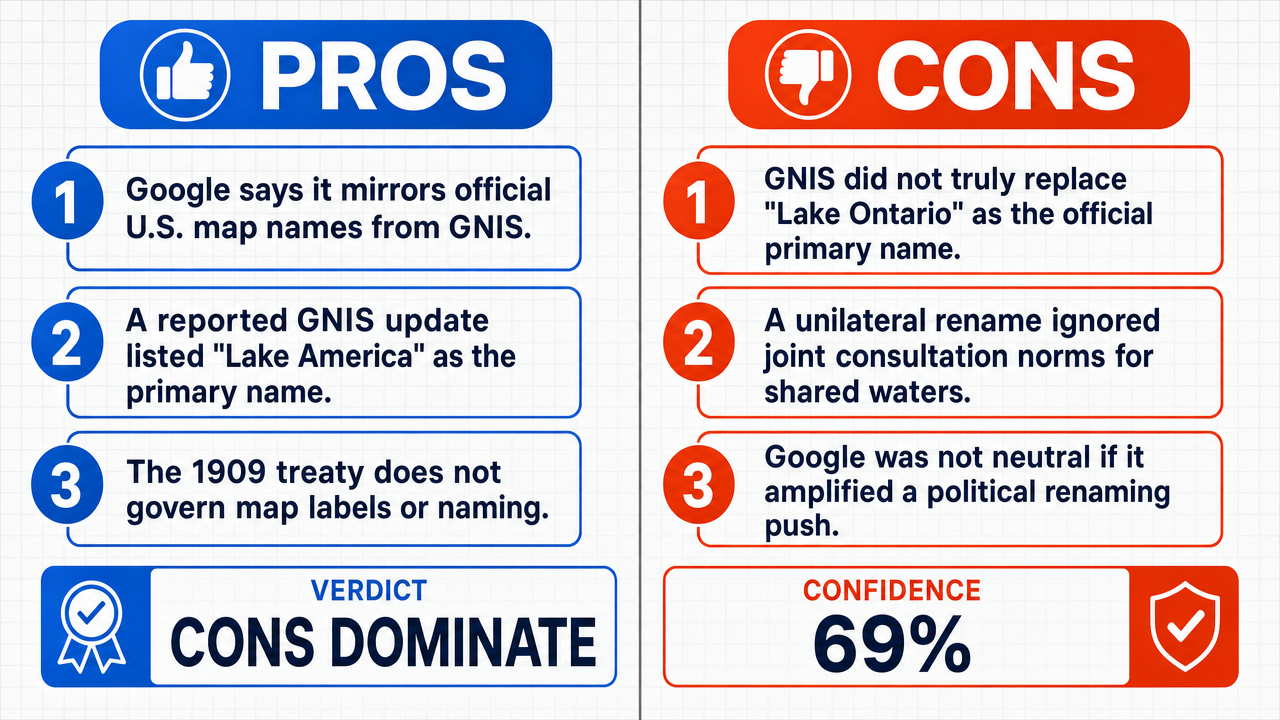 AI Debate Infographic: Was Google justified in renaming Lake Ontario to "Lake America" on its US…