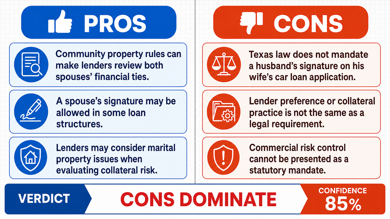 AI Debate Infographic: In Texas, a husband's involvement is legally required on a car loan…