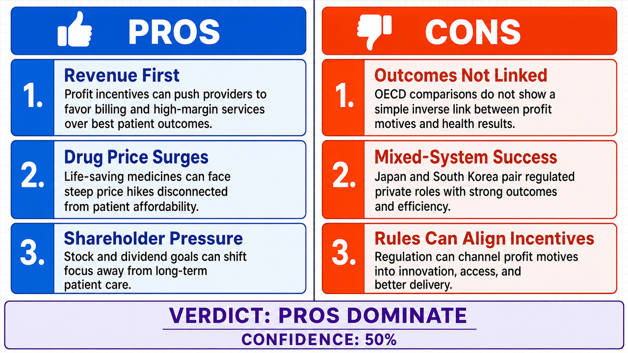 AI Debate Infographic: The current healthcare system is primarily driven by profit motives rather…