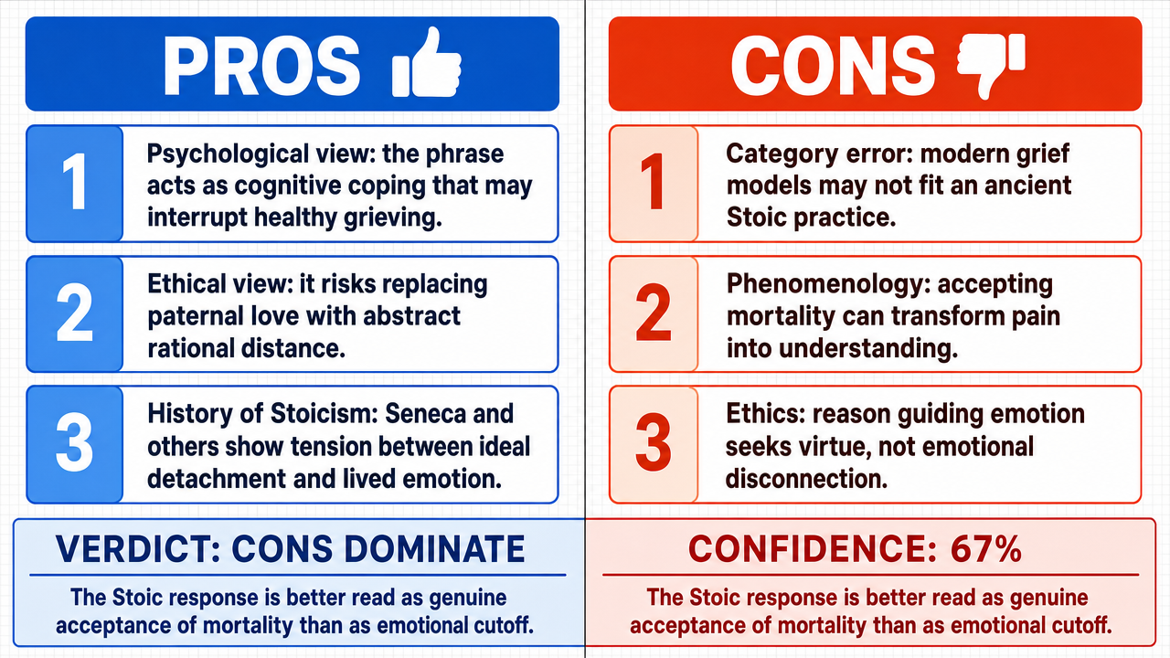 AI Debate Infographic: La réponse d'un philosophe stoïcien à la mort de son fils, « Je savais…