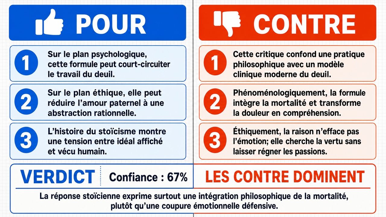 AI Debate Infographic: La réponse d'un philosophe stoïcien à la mort de son fils, « Je savais…