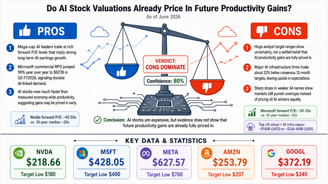 AI Debate Infographic: True or false: AI-related stocks are valued as of June 2026 as if future…