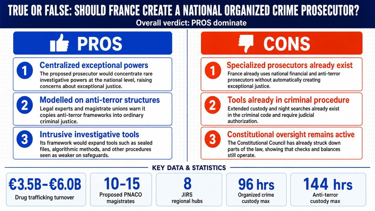 AI Debate Infographic: Vrai ou Faux : Face au narcotrafic, la création d'un statut de procureur…