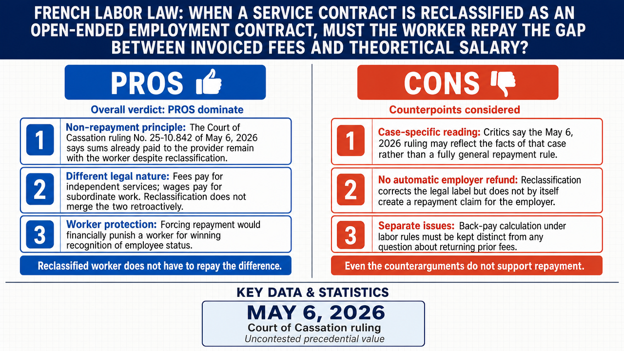 AI Debate Infographic: le prestataire de services qui obtient la requalification en CDI n’a pas à…
