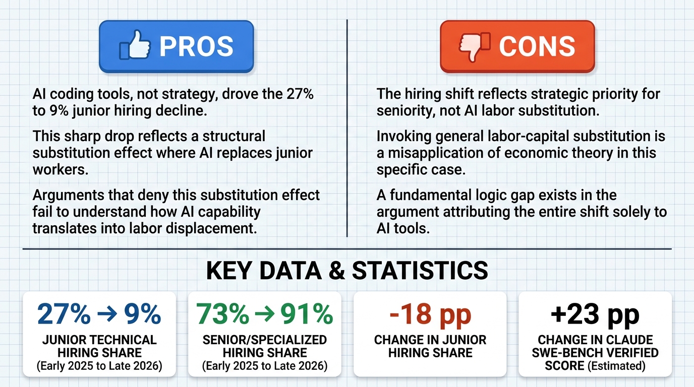 AI Debate Infographic: The decline in Anthropic's junior technical hiring from 27% to 9% of…
