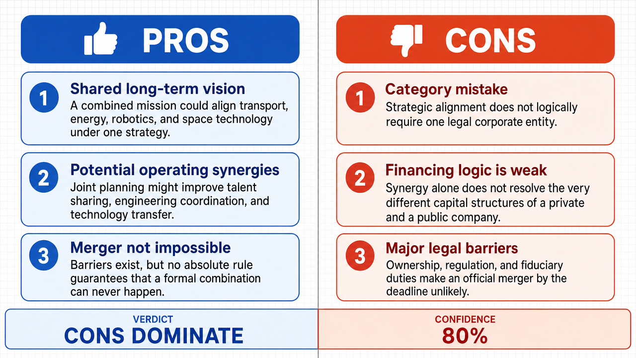 AI Debate Infographic: SpaceX and Tesla will have officially merged into a single entity by the…