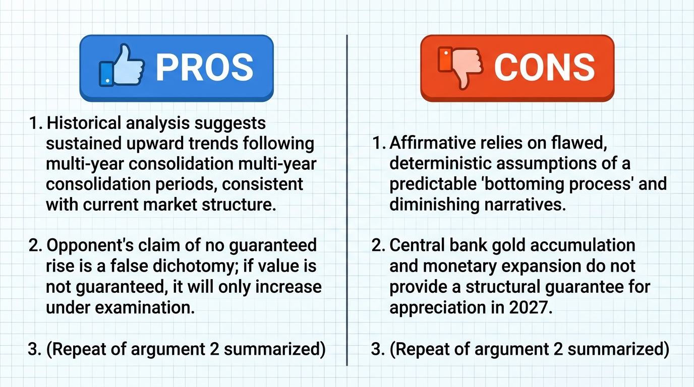 AI Debate Infographic: Gold will rise in value during 2027 after completing its bottoming process…