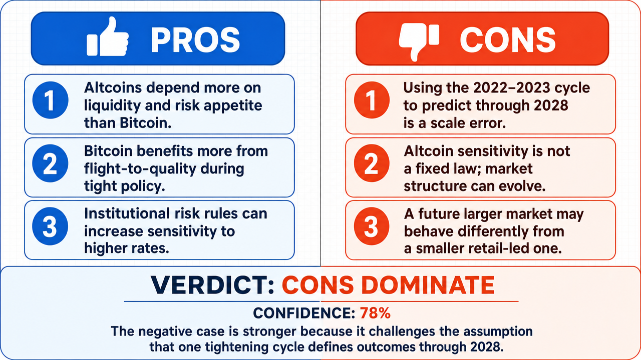AI Debate Infographic: Altcoins will continue to underperform Bitcoin by 2028 because current…