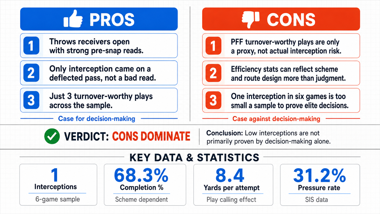 AI Debate Infographic: CJ Carr's low turnover rate of one interception in six games is primarily…