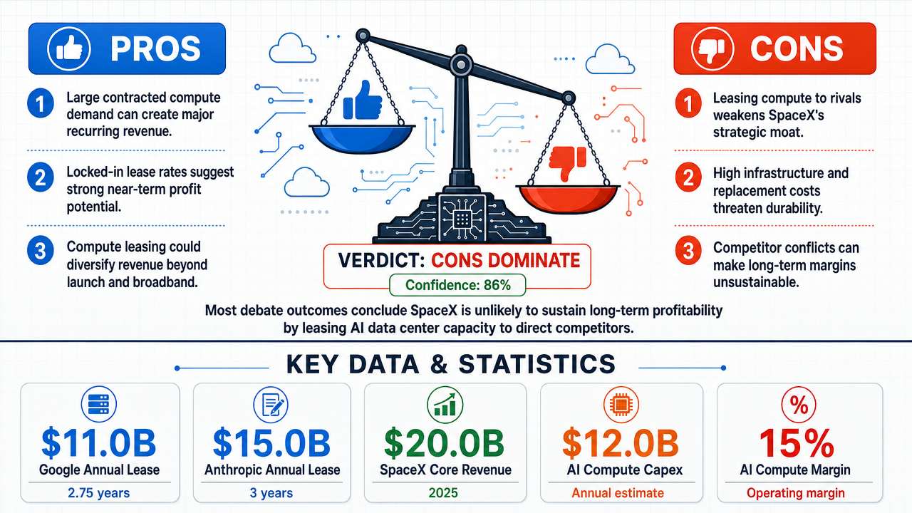 AI Debate Infographic: Can SpaceX sustain a profitable business model by renting out its AI data…