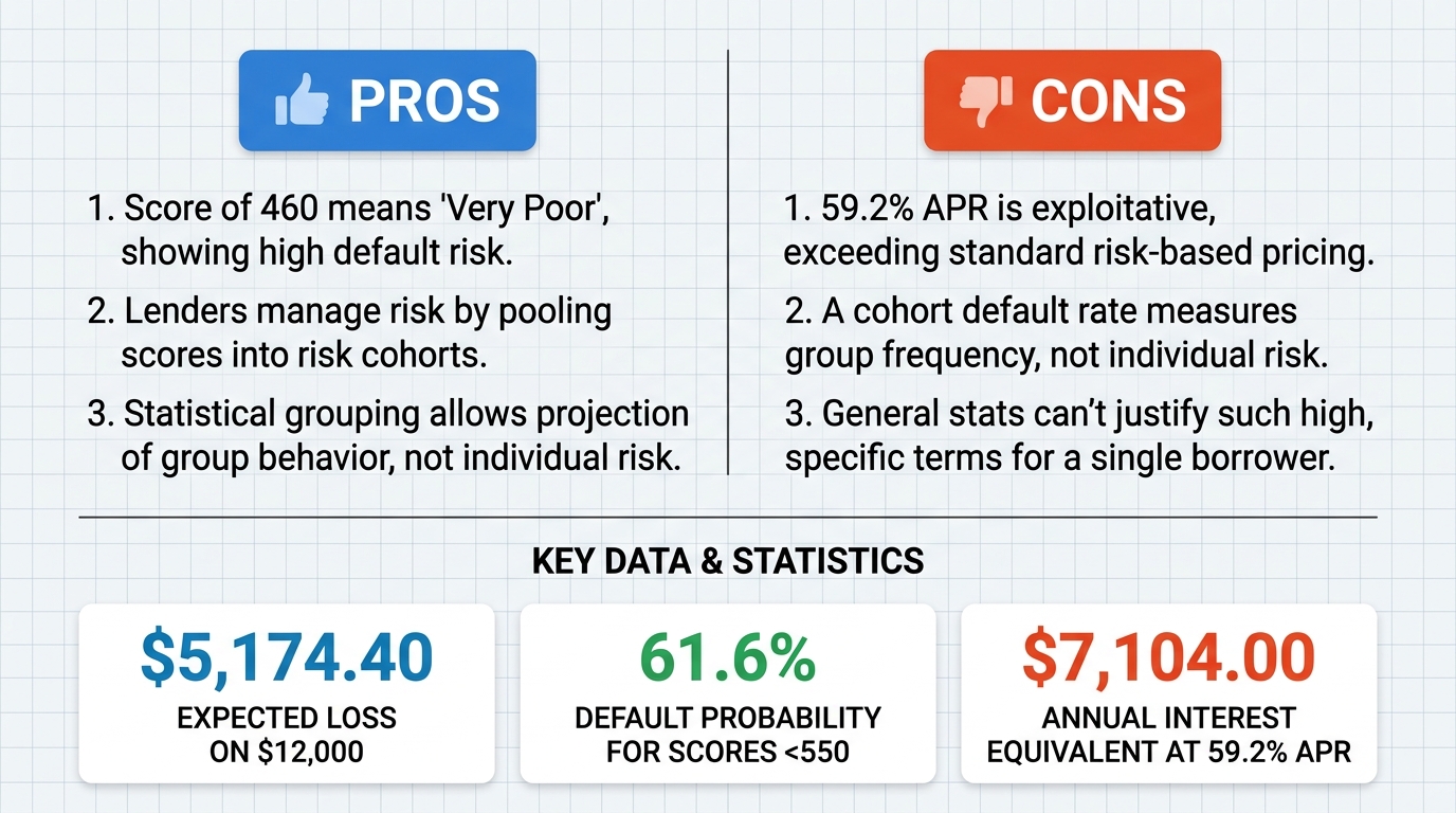 AI Debate Infographic: A credit score of 460 justifies a 59.2% annual percentage rate on a $12,000…
