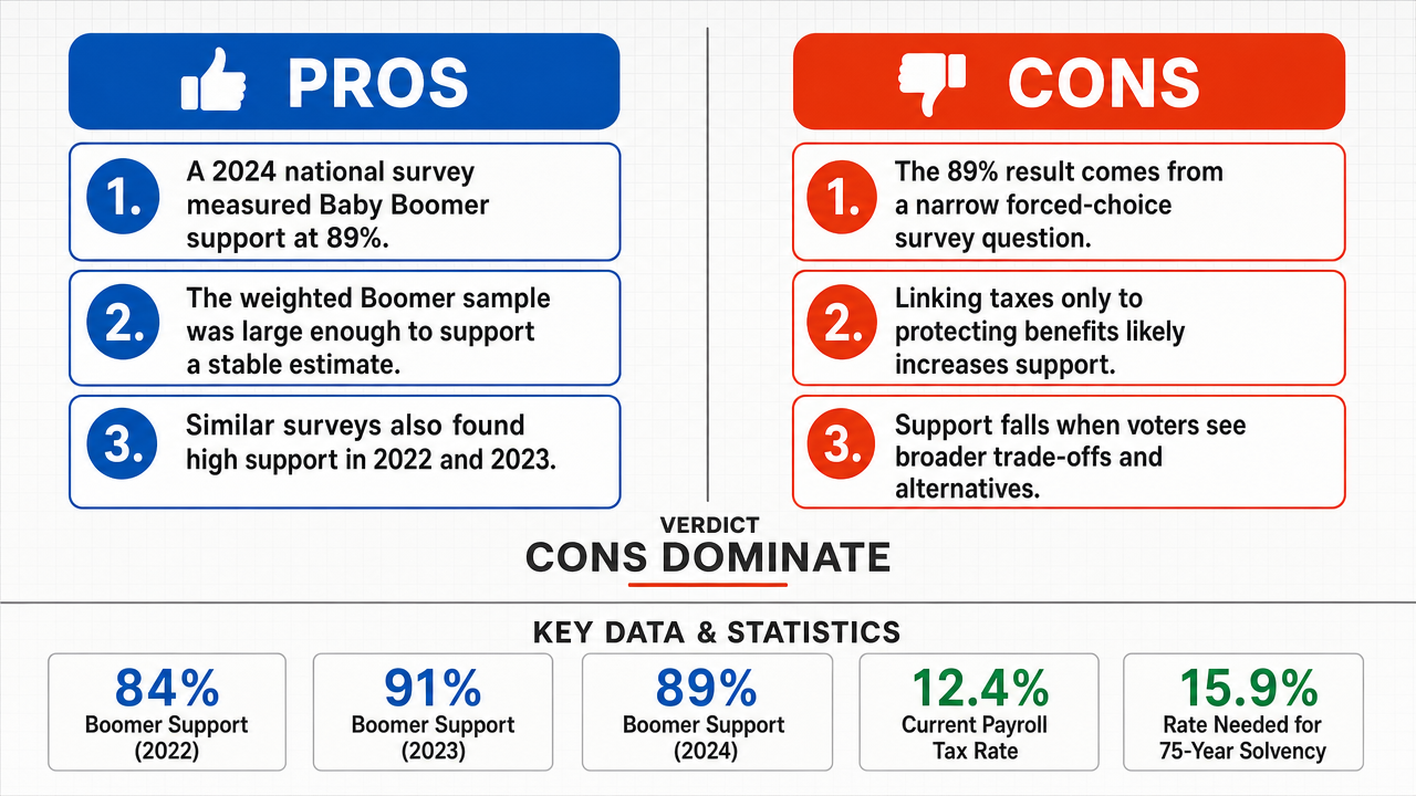 AI Debate Infographic: 89% of Baby Boomers support increasing payroll taxes on younger working…