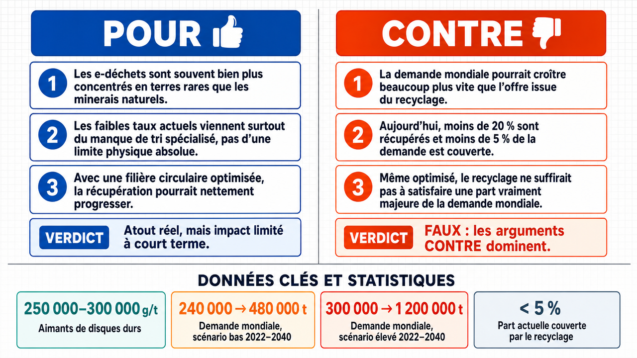 AI Debate Infographic: Le recyclage des déchets électroniques (e-déchets) peut satisfaire une part…