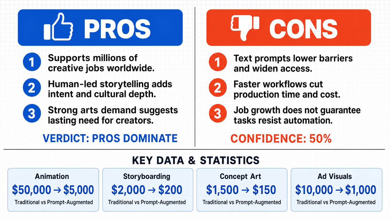 AI Debate Infographic: Creative work in visual storytelling should not be replaced by text prompts.