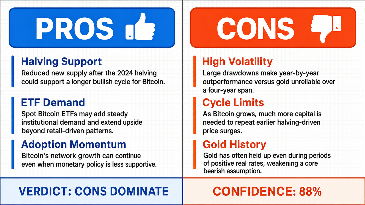 AI Debate Infographic: Bitcoin will outperform gold in 2026, 2027, 2028, and 2029