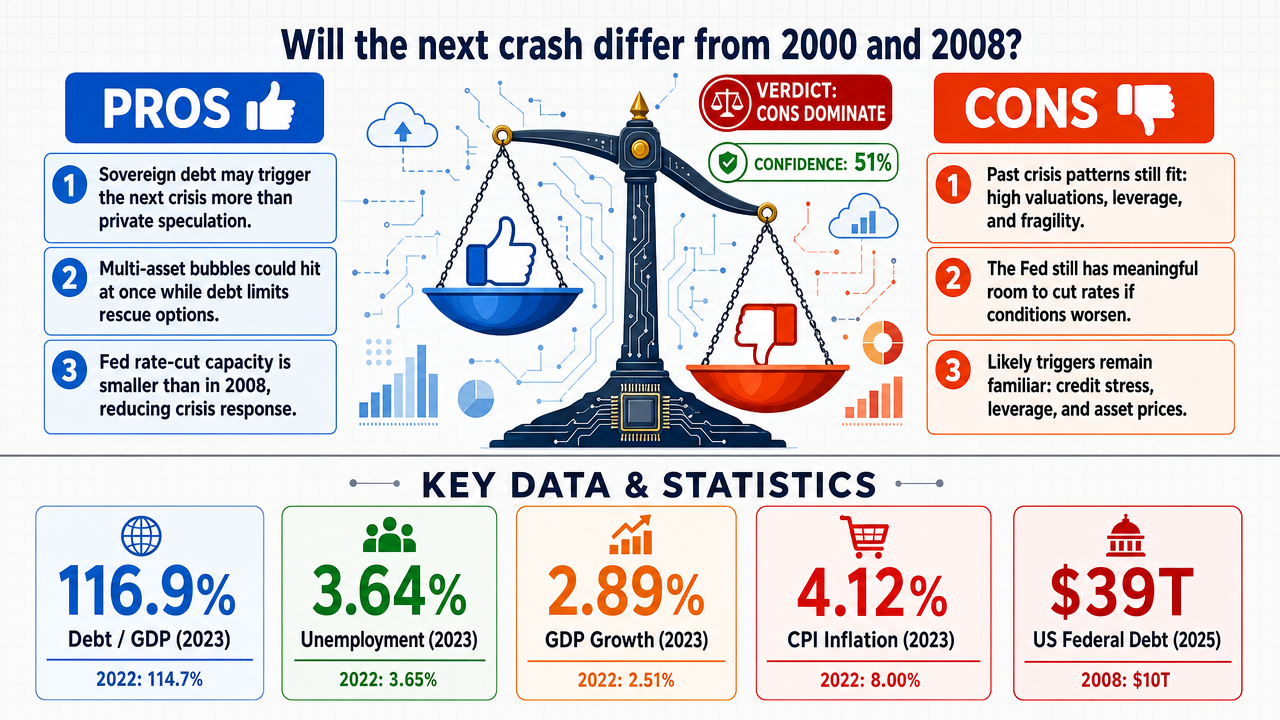 AI Debate Infographic: Will the next major US financial crash fundamentally differ in its root…