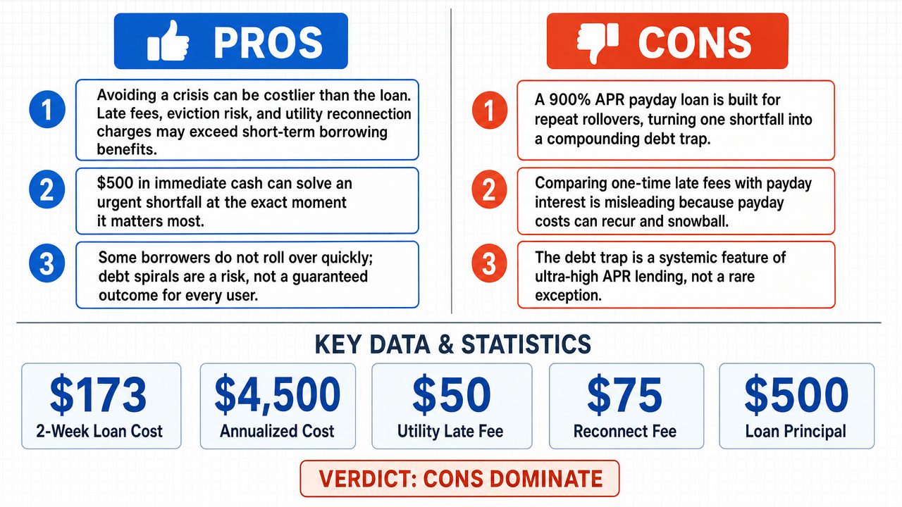 AI Debate Infographic: Taking out a $500 payday loan with a 900% interest rate is a financially…