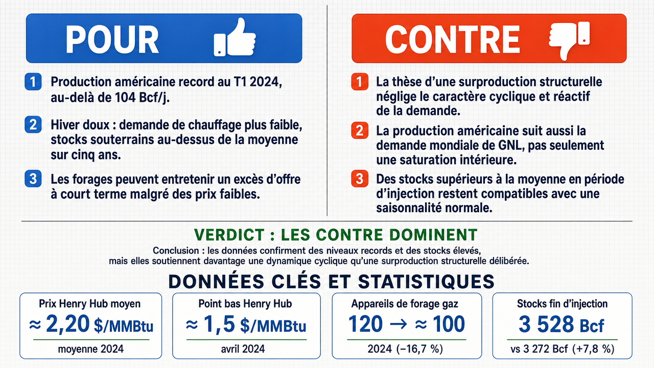 AI Debate Infographic: Le marché du gaz naturel américain est structurellement en surproduction à…