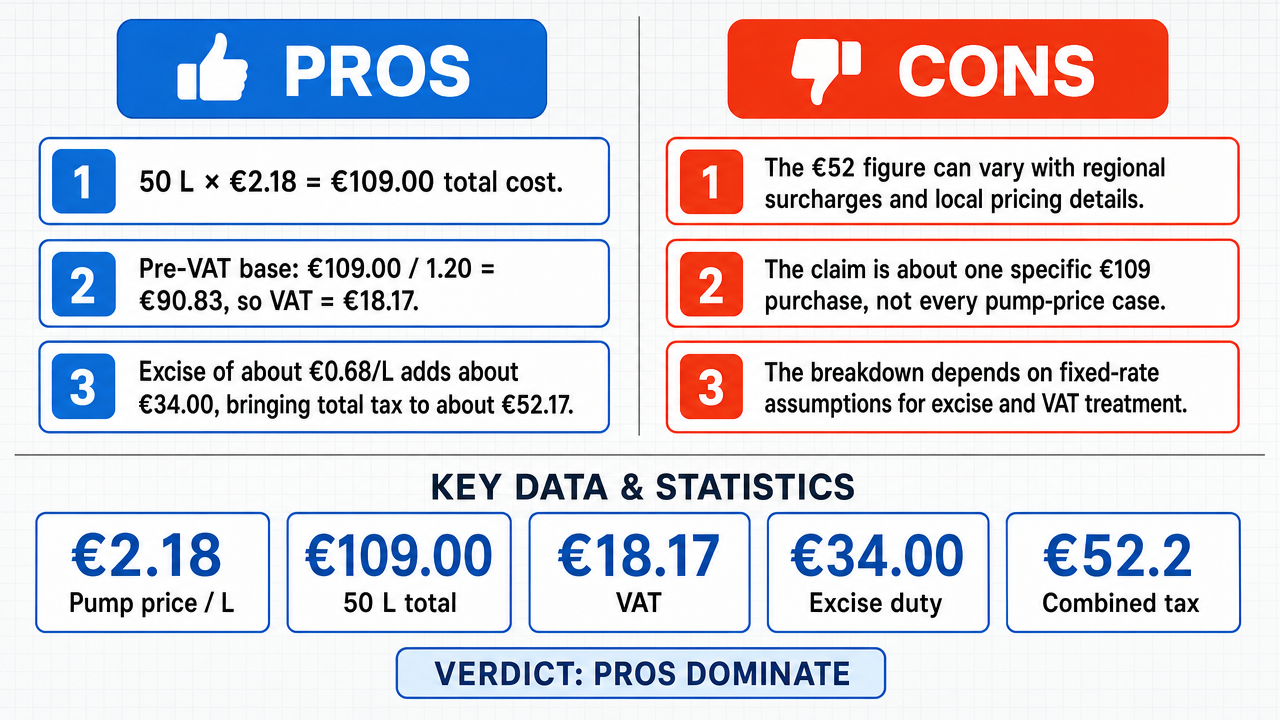 AI Debate Infographic: Approximately €52 of the total cost of filling a 50-liter tank of SP95 E10…