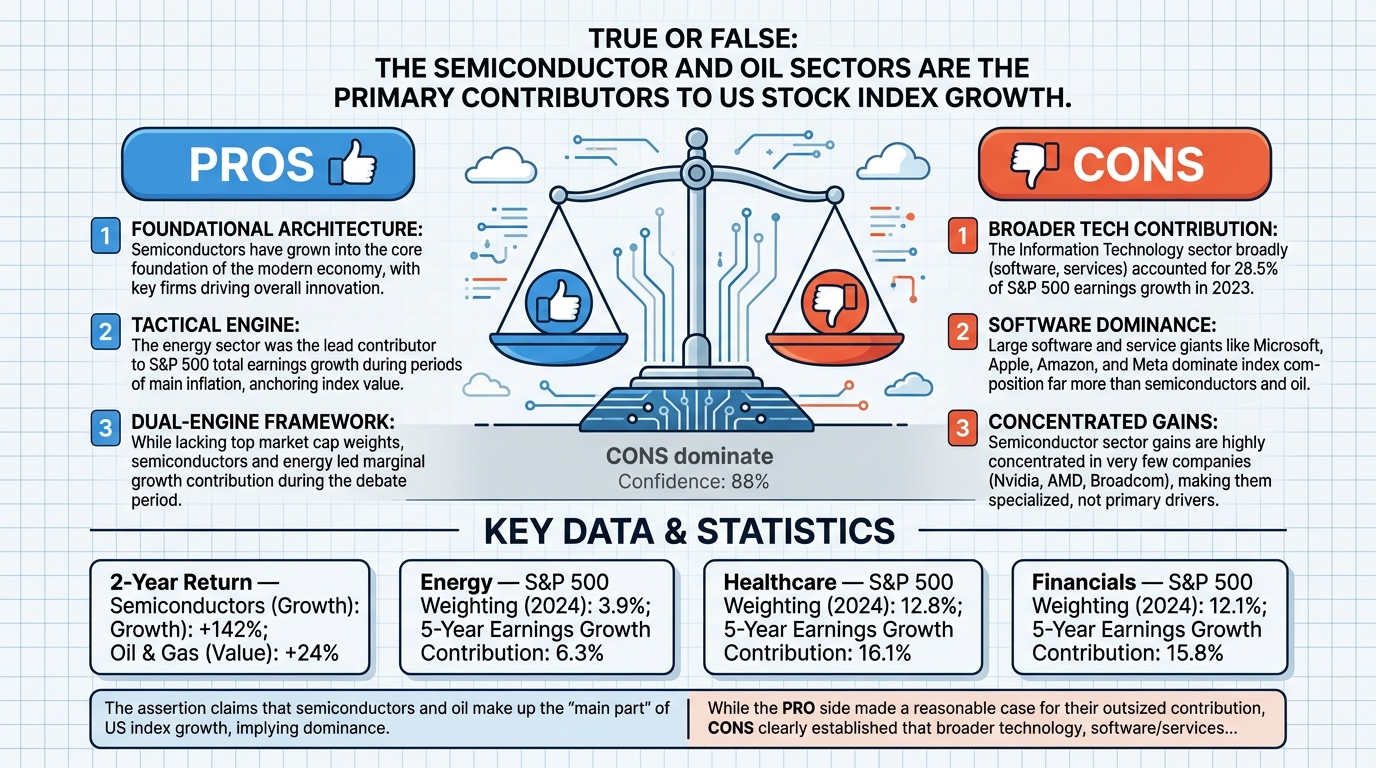 AI Debate Infographic: Semiconductors and oil make the main part of the US indice growth.