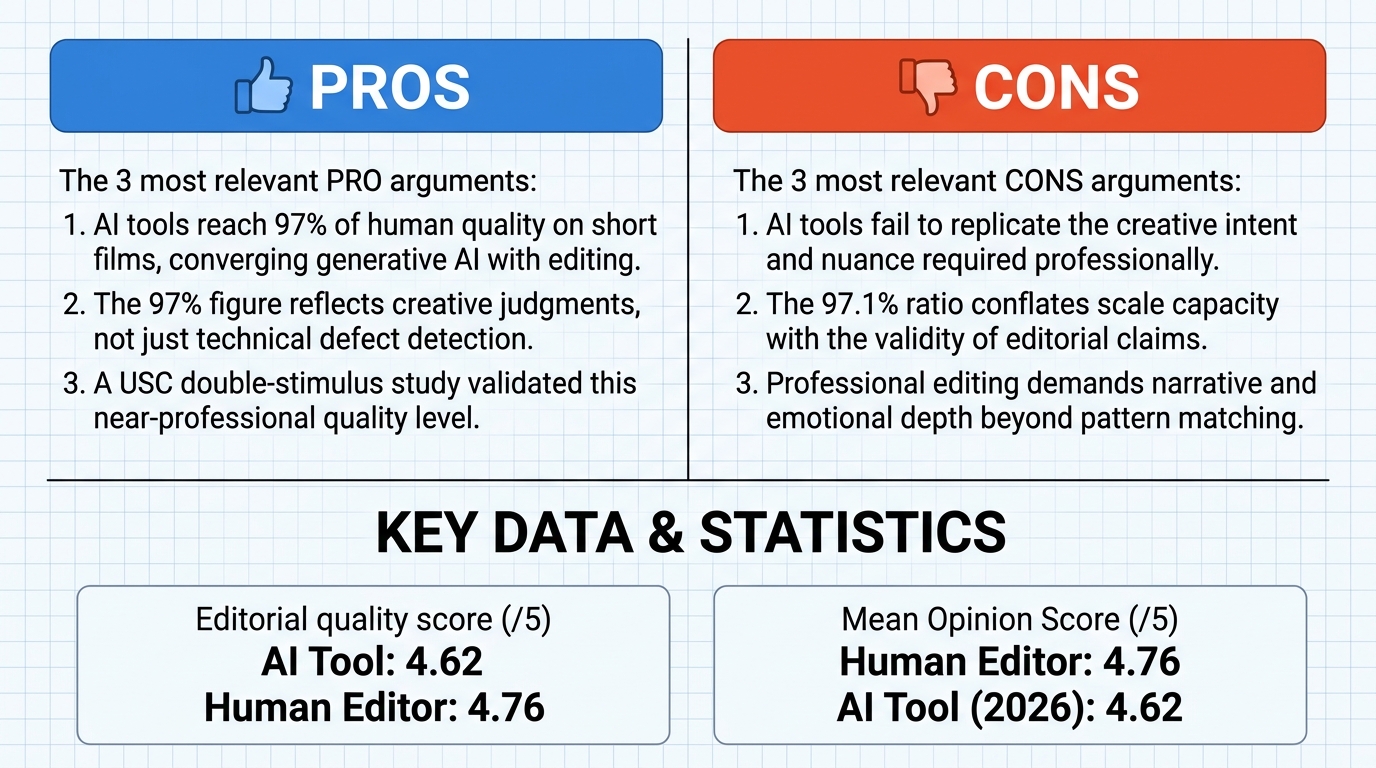 AI Debate Infographic: As of 2026, AI editing tools can produce 97% of the quality of a…