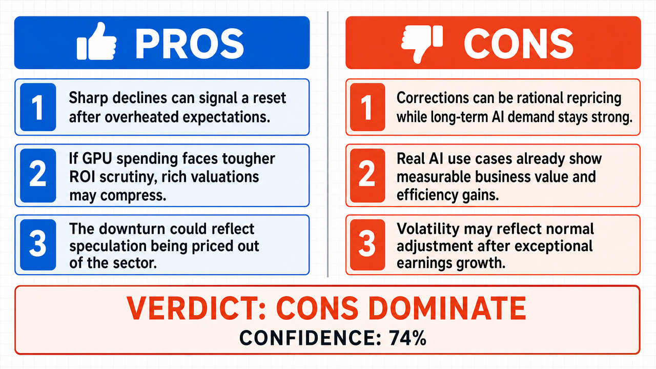 AI Debate Infographic: The current downturn in AI stocks, exemplified by significant drops in…