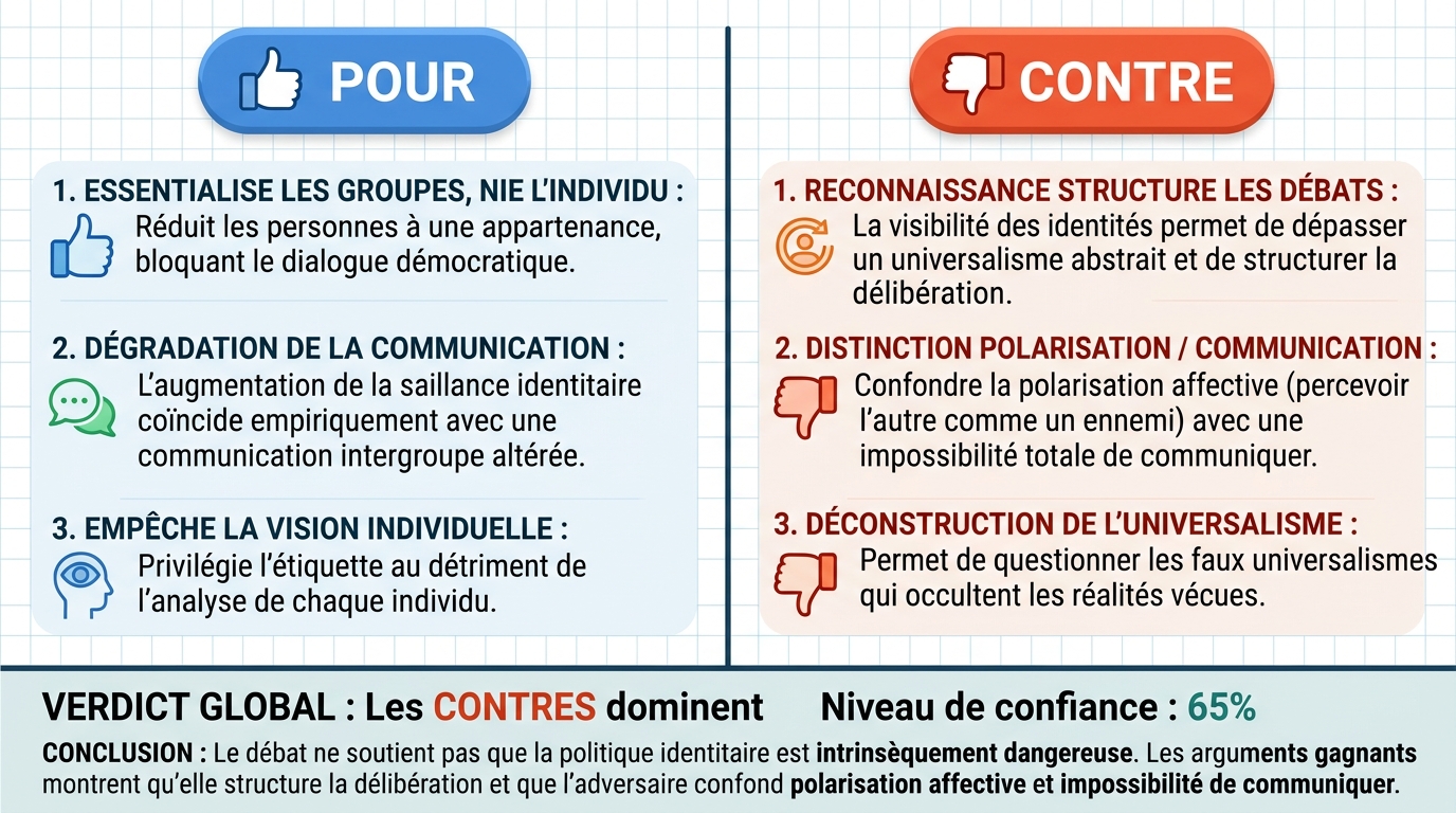 AI Debate Infographic: La politique identitaire est intrinsèquement dangereuse car elle empêche de…