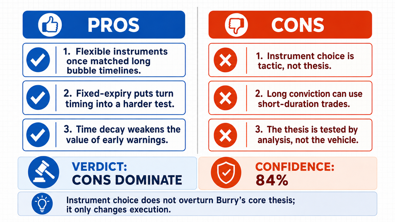 AI Debate Infographic: Michael Burry's shift to put options with specific expiration dates…