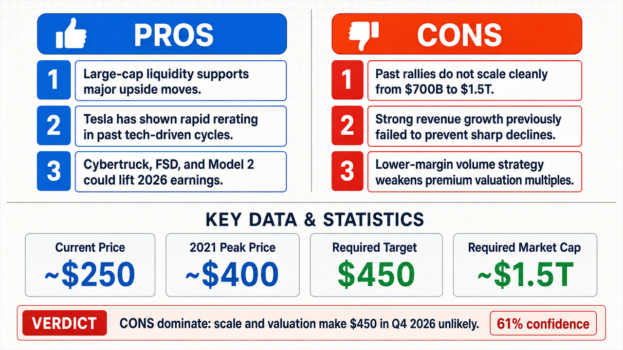AI Debate Infographic: Tesla's stock price will reach $450 or higher in Q4 2026.