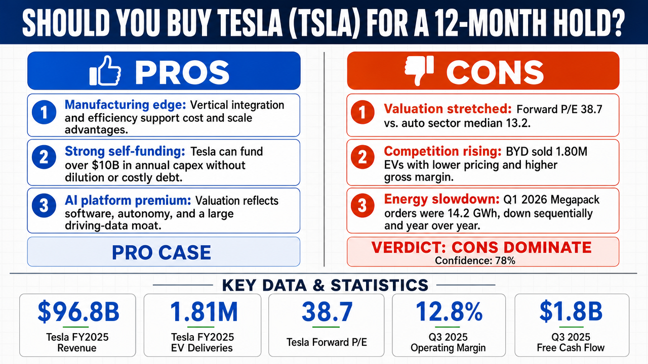 AI Debate Infographic: Should you invest in TSLA for a 12-month investment?