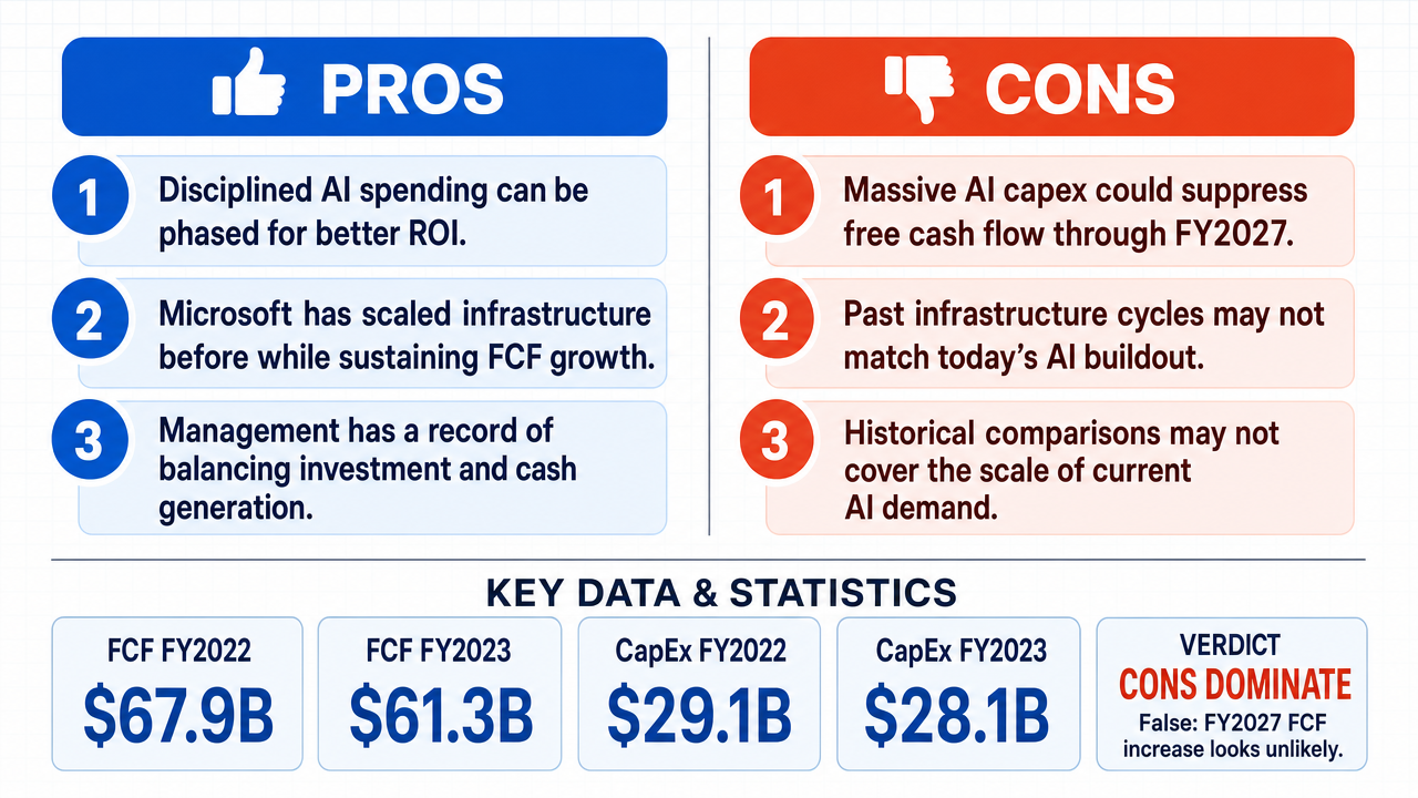 AI Debate Infographic: Microsoft's free cash flow will increase year-over-year in its 2027 annual…