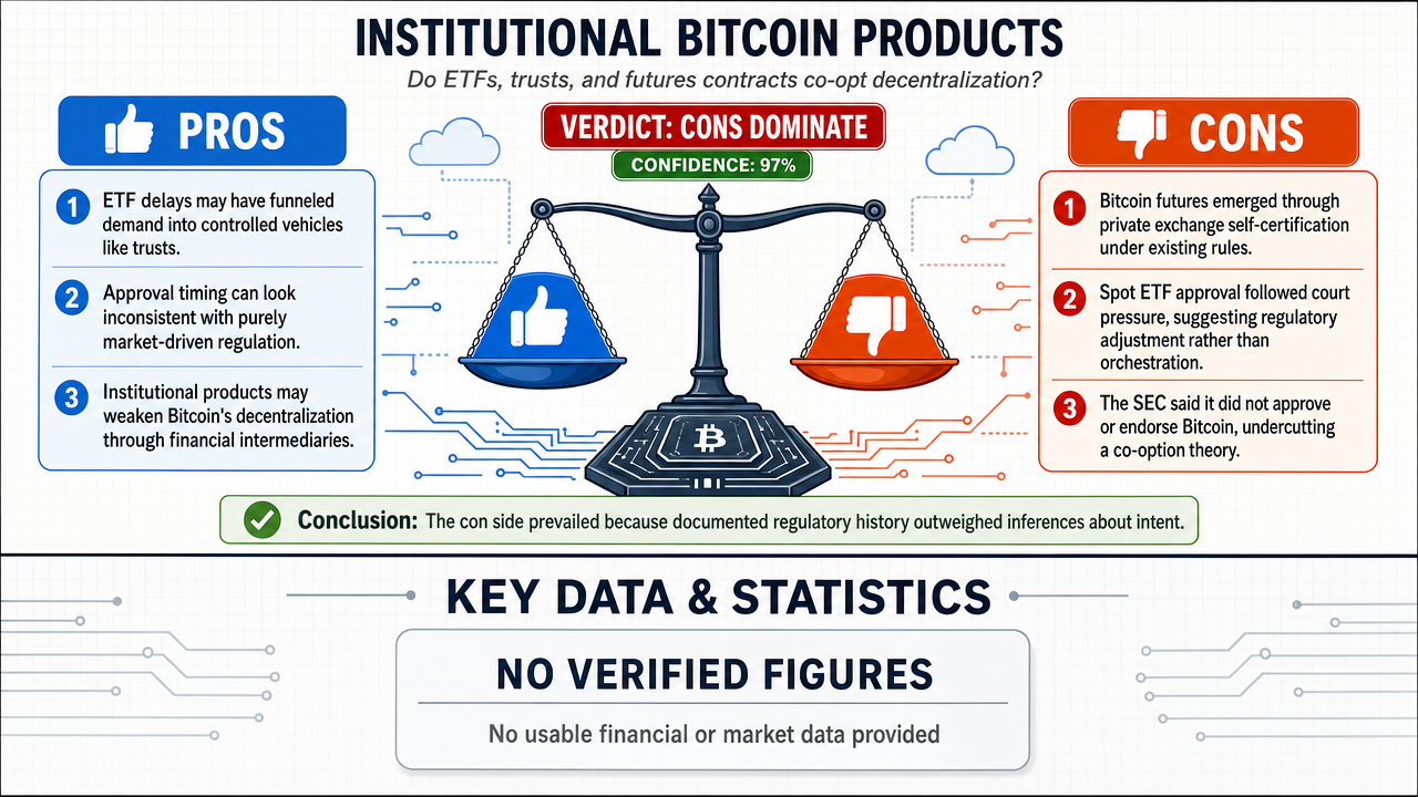 AI Debate Infographic: Are institutional Bitcoin wrappers, such as ETFs, a deliberate state…