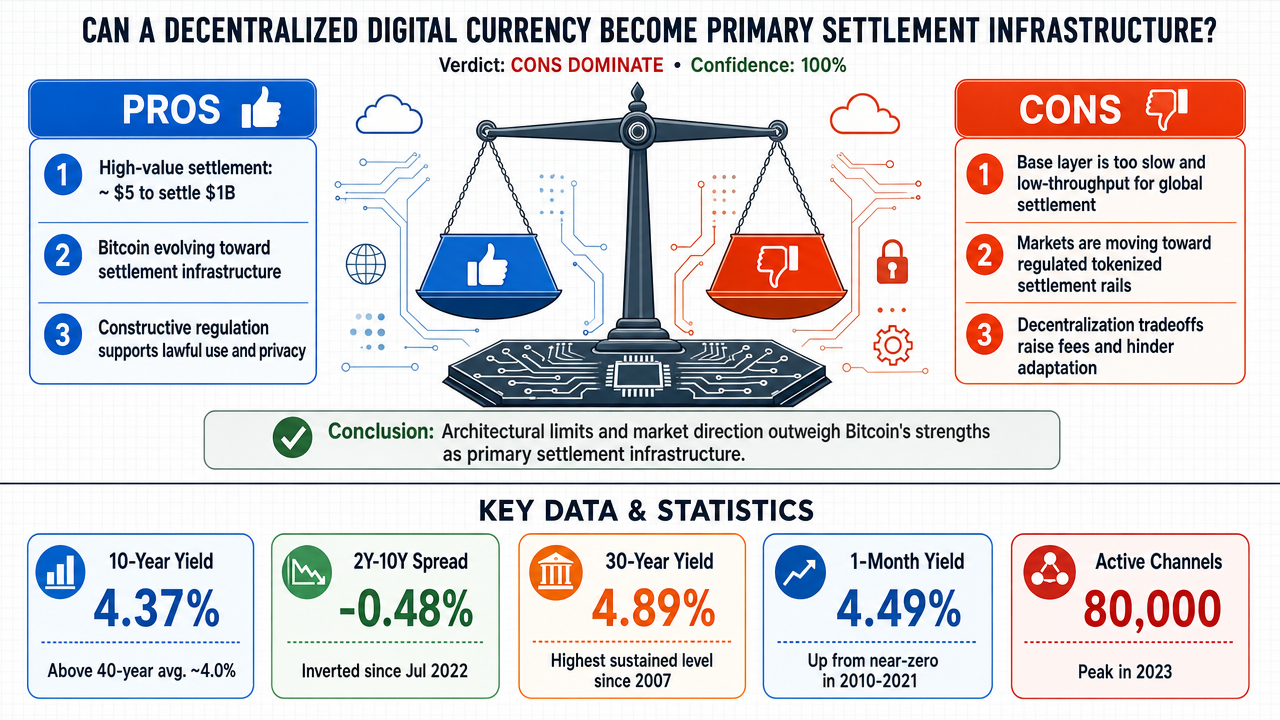 AI Debate Infographic: Will Bitcoin become a major settlement layer in the global economy by 2066?