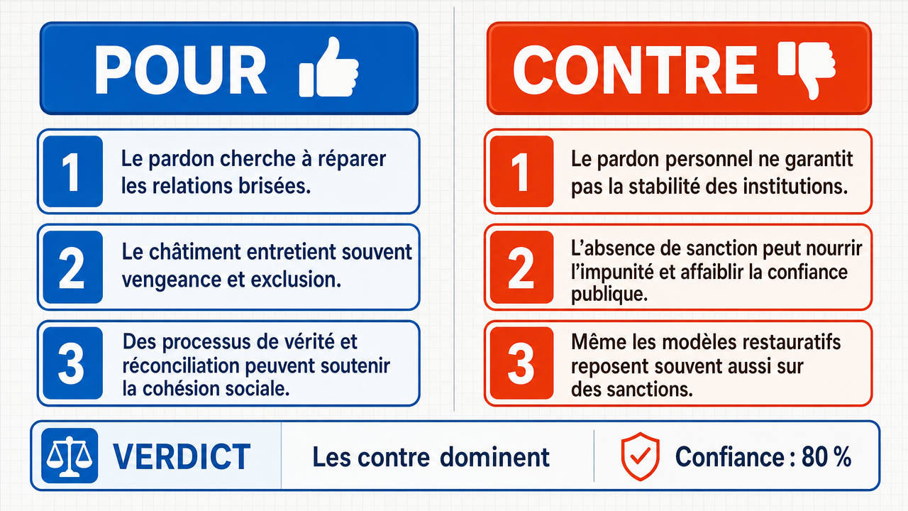 AI Debate Infographic: Le pardon est un fondement plus solide pour la paix sociale que la justice…