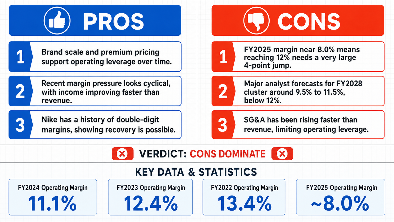 AI Debate Infographic: Nike's operating margins will recover to 12% by 2028.