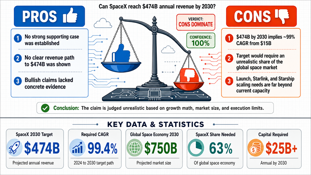 AI Debate Infographic: Will SpaceX achieve annual revenues of $474 billion by 2030?